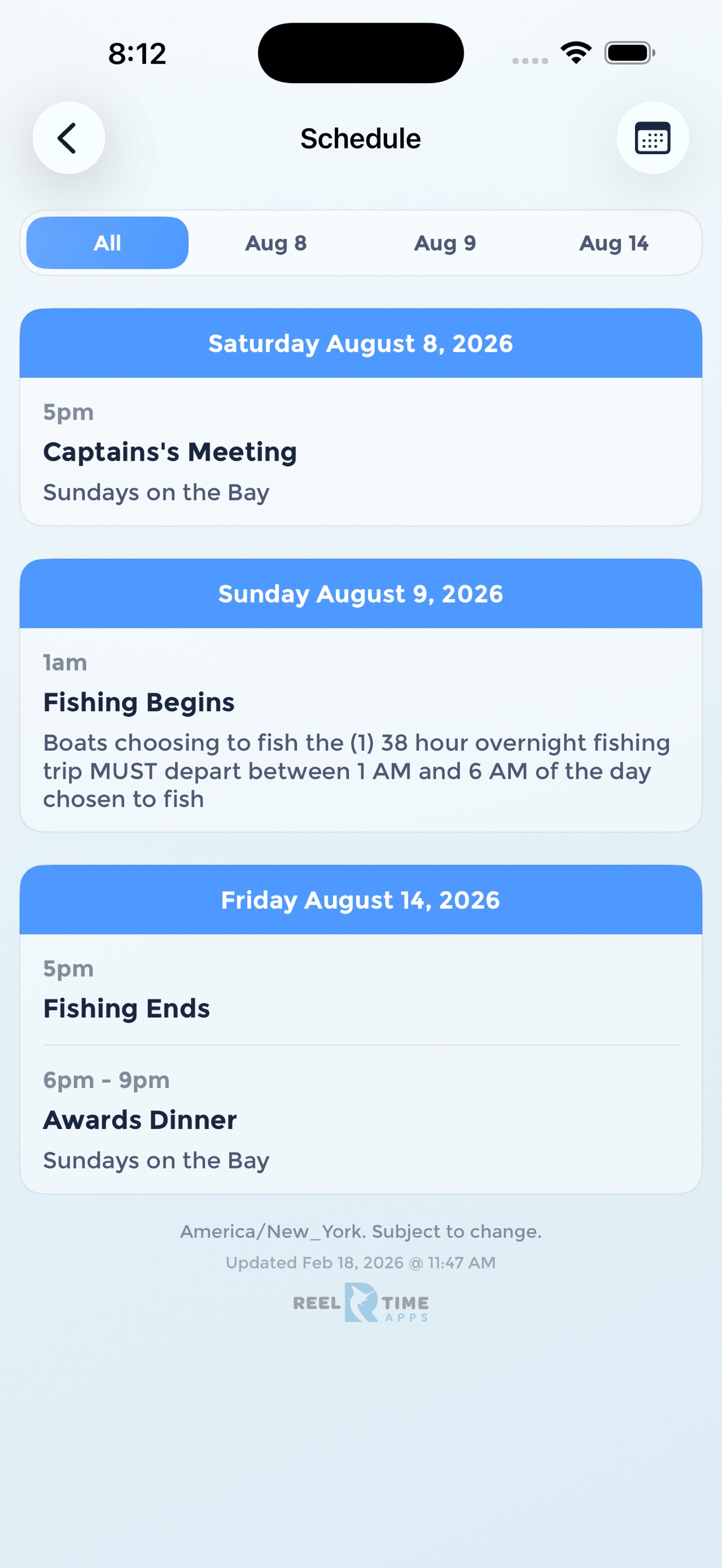 Hamptons Shootout app schedule screen with fishing and event times
